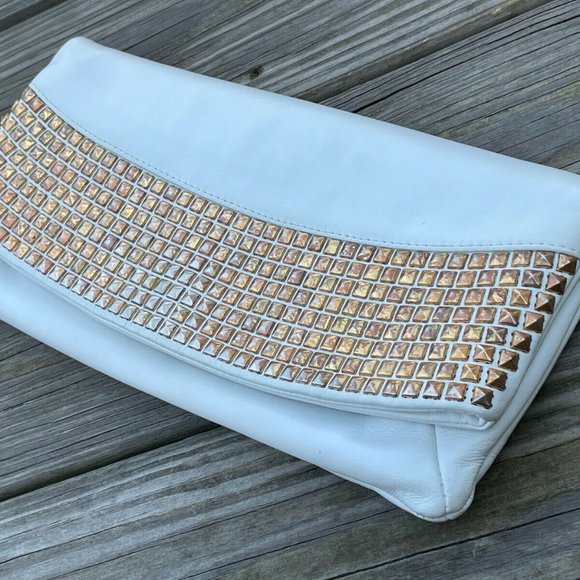 Gina London Women Clutch Bag White Leather Hand wallet Purse Made in Italy Authe